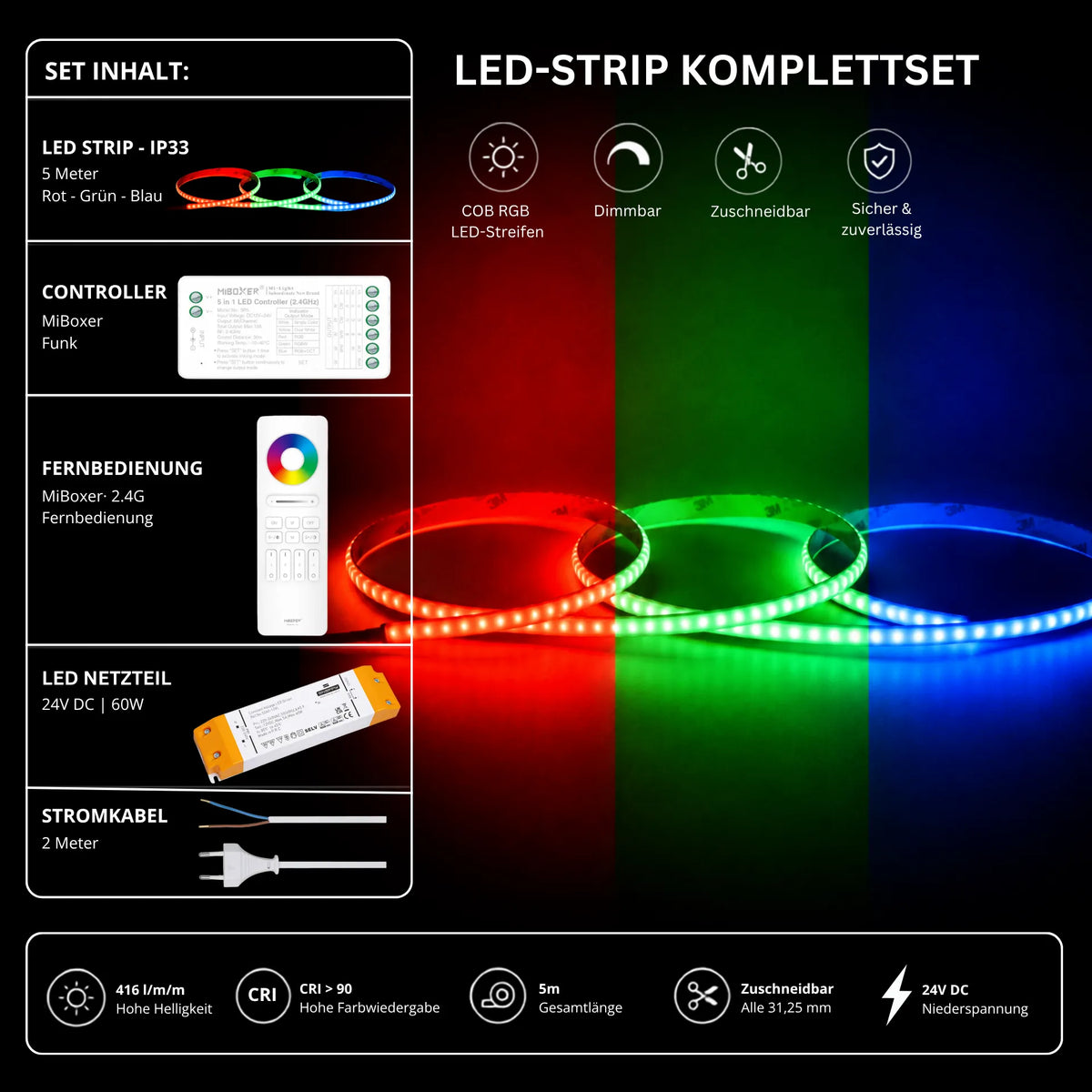 LED Streifen Set RGB Ultraschmal – COB LED Streifen 24V, 5 mm, 10 W/m, 5m, punktfrei – SS60 Netzteil, SR5 Funk-Controller & C5 Fernbedienung Weiß
