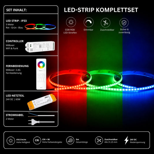 LED Streifen Set RGB Ultraschmal – COB LED Streifen 24V, 5 mm, 10 W/m, 5m, punktfrei – SS60 Netzteil, WL5 WiFi Controller & C5 Fernbedienung Weiß