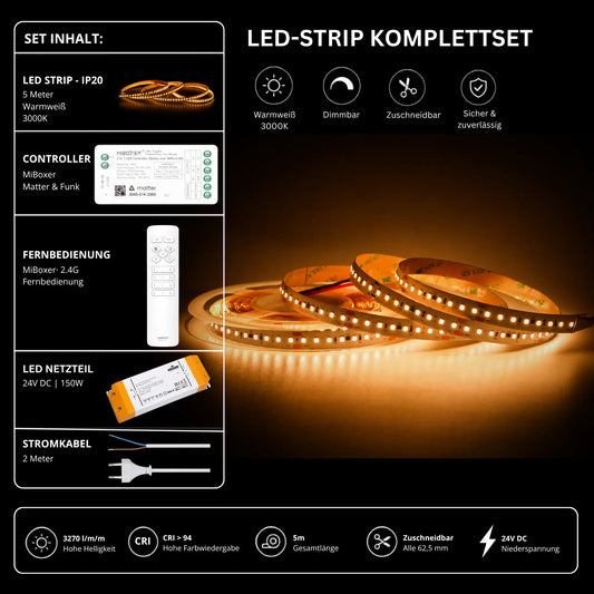 LED Streifen Set High Power Warmweiß 3000K – SMD LED Streifen 24V, 22 W/m, 3270 lm/m, 5m – SS150 Netzteil, SM2 Matter Controller & C1 Fernbedienun
