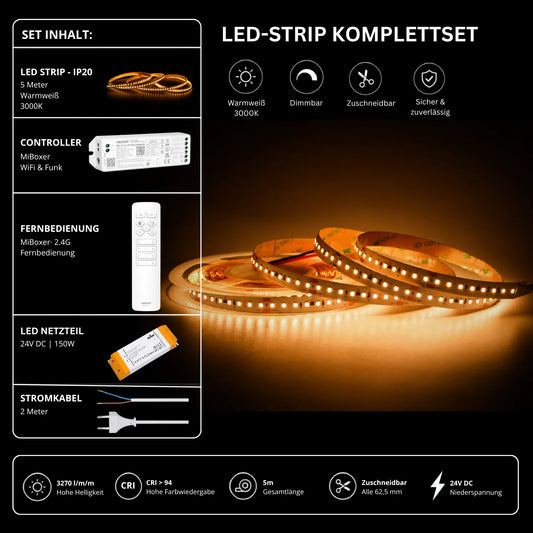LED Streifen Set High Power Warmweiß 3000K – SMD LED Streifen 24V, 22 W/m, 3270 lm/m, 5m – SS150 Netzteil, WL5 WiFi Controller & C1 Fernbedienung 