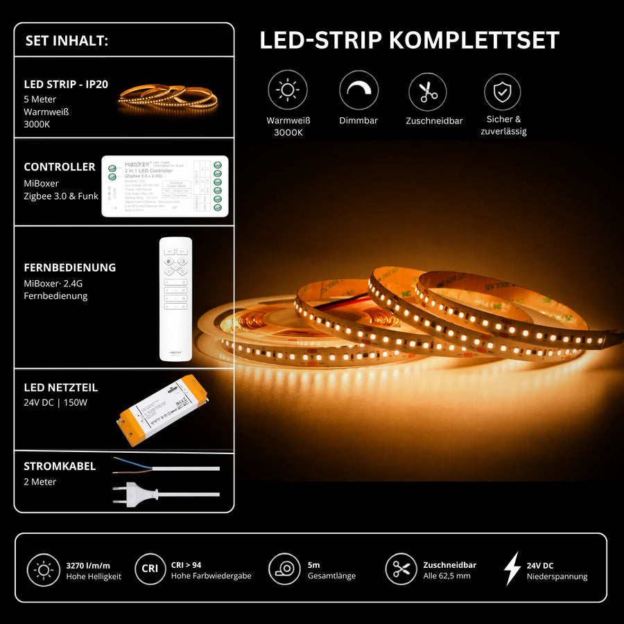 LED Streifen Set High Power Warmweiß 3000K – SMD LED Streifen 24V, 22 W/m, 3270 lm/m, 5m – SS150 Netzteil, SZ2 Zigbee 3.0 Controller & C1 Fernbedi