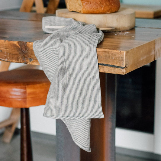 Helen Round Linen Tea Towel, Dark Blue Stripes