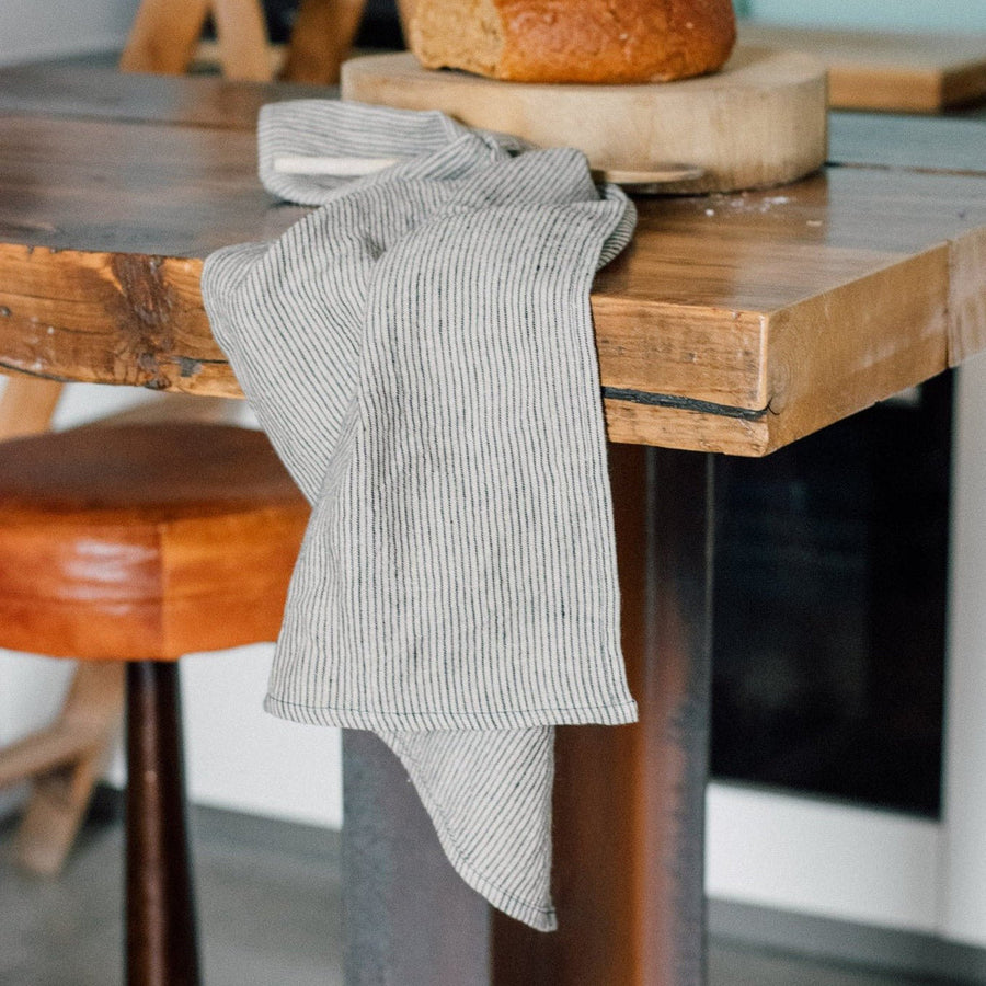 Helen Round Linen Tea Towel, Dark Blue Stripes