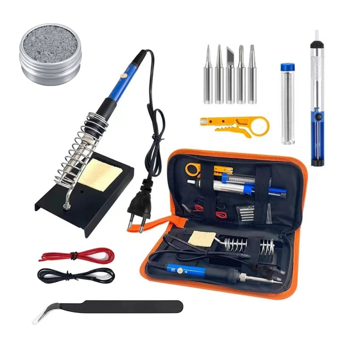 Lötkolben Set 15-teilig – 60 W Lötkolben mit regelbarer Temperatur 200-450°C, Entlötpumpe, 5 Lötspitzen, Lötzinn, Spitzen-Reaktivator & Zubehör in
