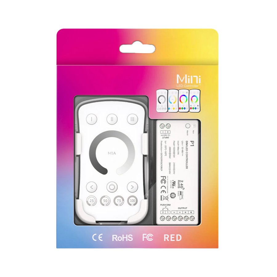 LTECH M1A+P1 LED Funk Set 2.4 GHz, Funk Fernbedienung & 1-Kanal Empfänger, 12-48V DC, für einfarbige LED Streifen