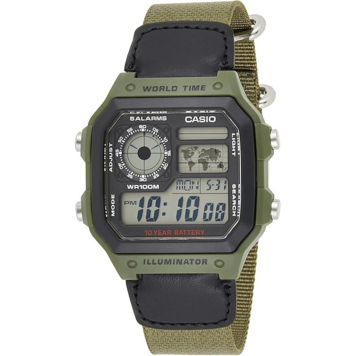 Casio Mens Digital World Time Alarm Green Velcro Strap Watch