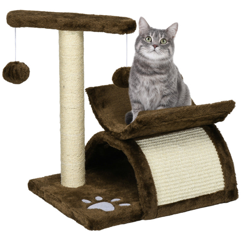 Pawhut Mini Cat Tree With Sisal Scratching Post, Tunnel, Dangling Balls, Plush & Wood - Grey