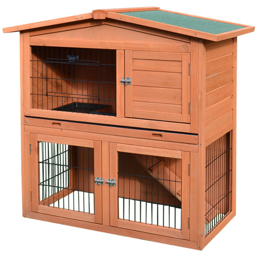 Pawhut Fir Wood A-frame Two-level Small Animal Hutch - Easy Access Doors