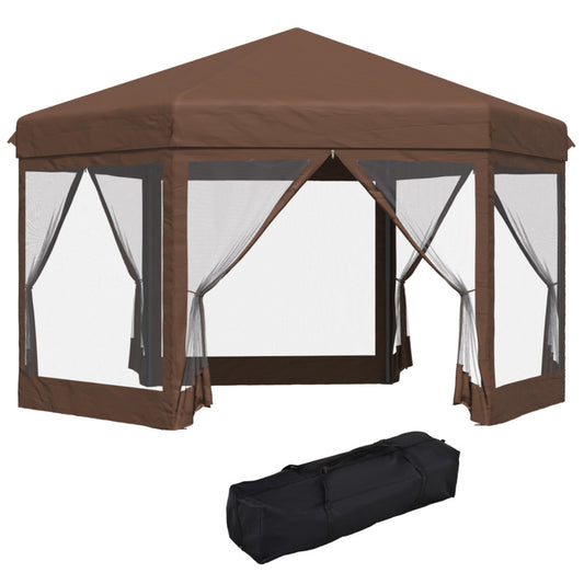 Outsunny Hexagonal Garden Gazebo 3.4m X 3.4m With Adjustable Height & Mosquito Net - Brown