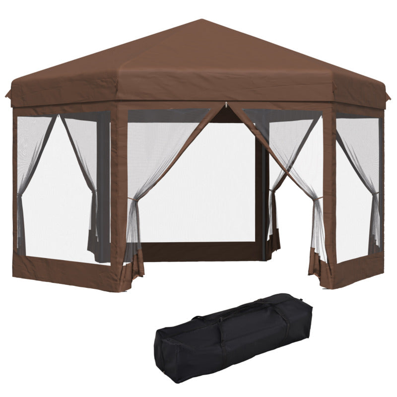 Outsunny Hexagonal Garden Gazebo 3.4m X 3.4m With Adjustable Height & Mosquito Net - Brown