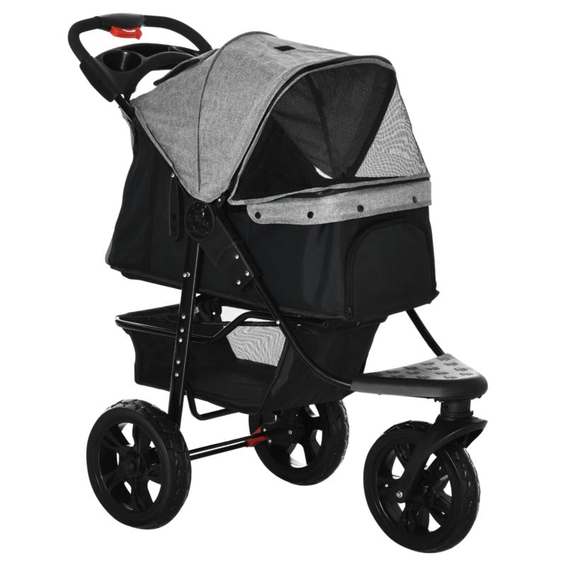 Durable Steel Three-wheel Pet Stroller W/ Adjustable Canopy & Storage - Grey