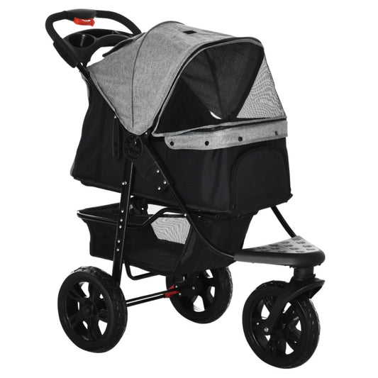 Durable Steel Three-wheel Pet Stroller W/ Adjustable Canopy & Storage - Grey