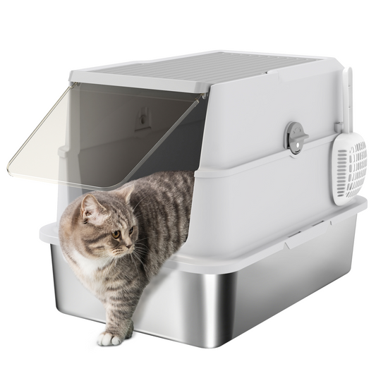 PawHut Extra Large Stainless Steel Cat Litter Tray with Scoop, Flip Top