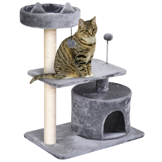 Pawhut Plush Three-tier Cat Tree Scratching Post Activity Centre With Hideaway & Perch - 81cm