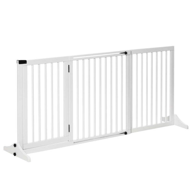 Pawhut Freestanding Adjustable Wooden Pet Gate With Lockable Door - 3 Panels White