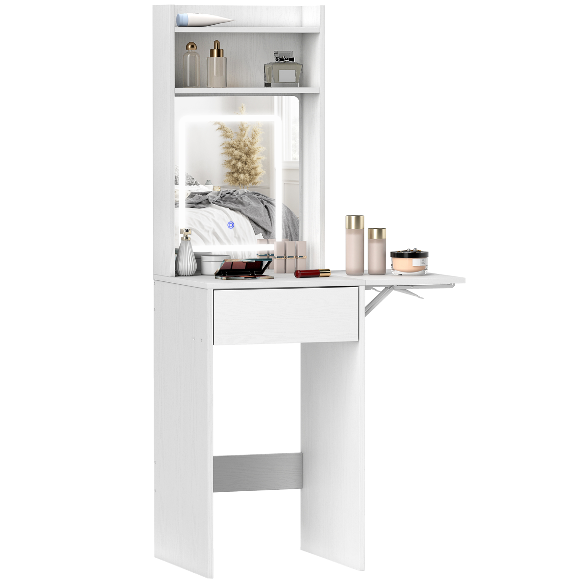 HOMCOM Compact Dressing Table with Lighted Mirror Open Shelves Drawer White
