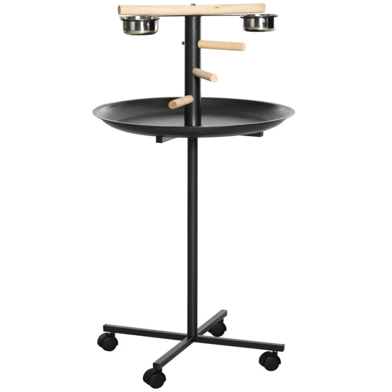 Pawhut Wooden Perch Bird Feeder Station With Stainless Steel Bowls & Removable Tray