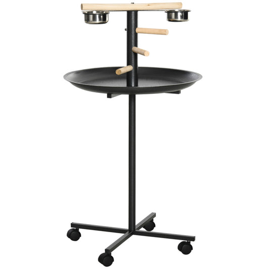 Pawhut Wooden Perch Bird Feeder Station With Stainless Steel Bowls & Removable Tray