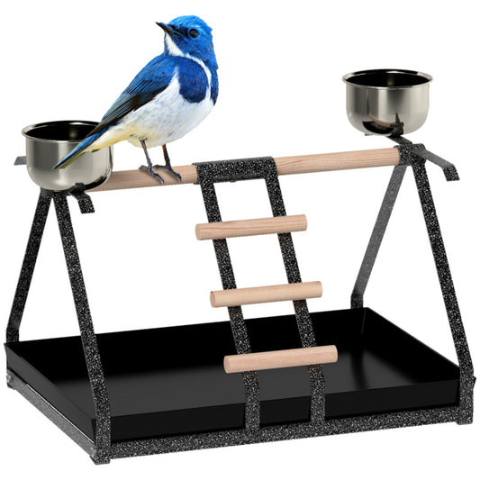 Pawhut Stainless Steel Bird Stand With Perch, Ladder & Bowls
