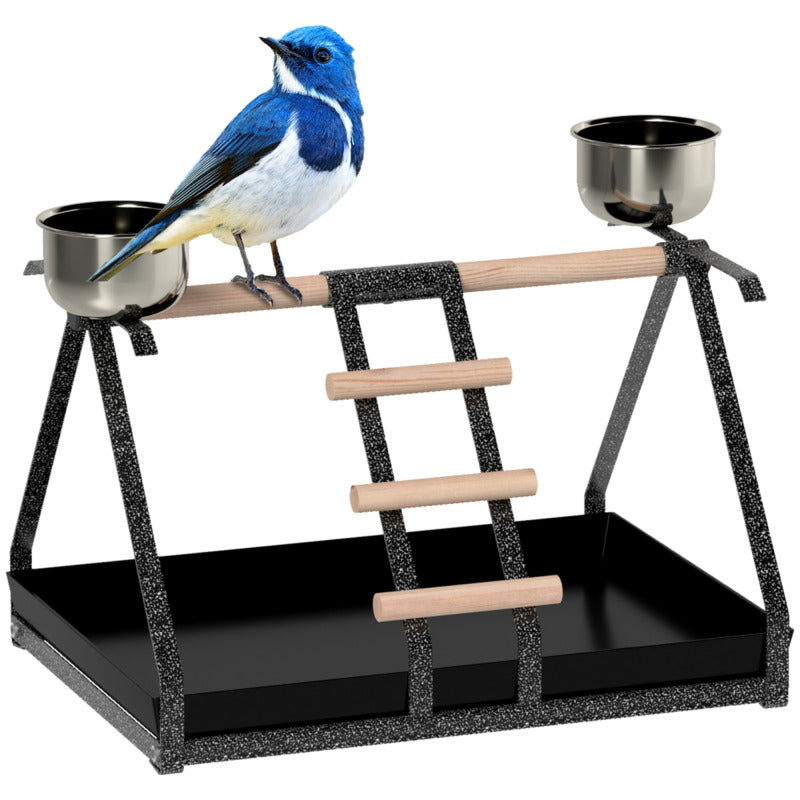 Pawhut Stainless Steel Bird Stand With Perch, Ladder & Bowls