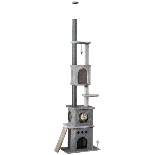 Pawhut Floor-to-ceiling Cat Climbing Tower | 225-255cm Adjustable Height | Multi-level Cat Activity Centre With 3 Hideaways & Scratching Posts