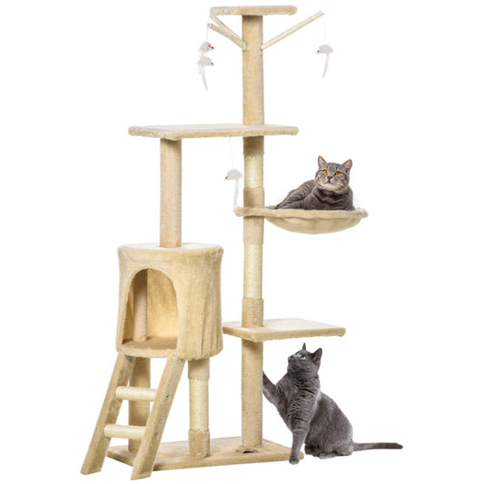 Cat Climbing Tower Activity Centre With Perches Condo Hammock & Toys - Beige 131cm