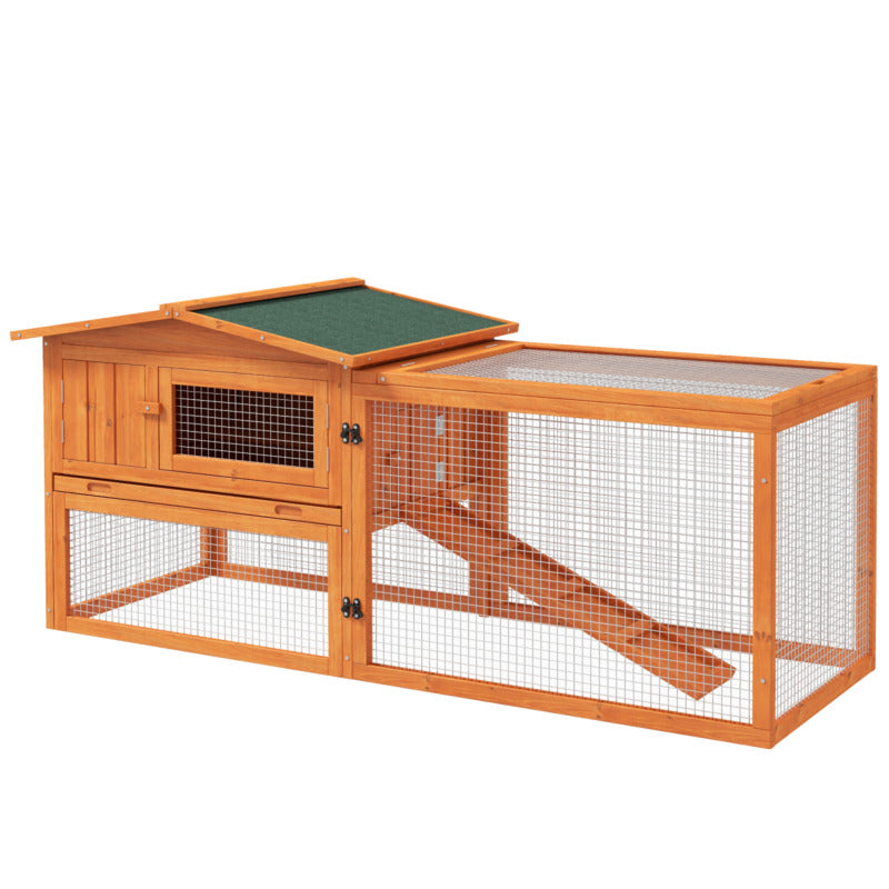 Rabbit Hutch And Run With Sliding Tray, Hay Rack & Ramp - 156x58x68 Cm