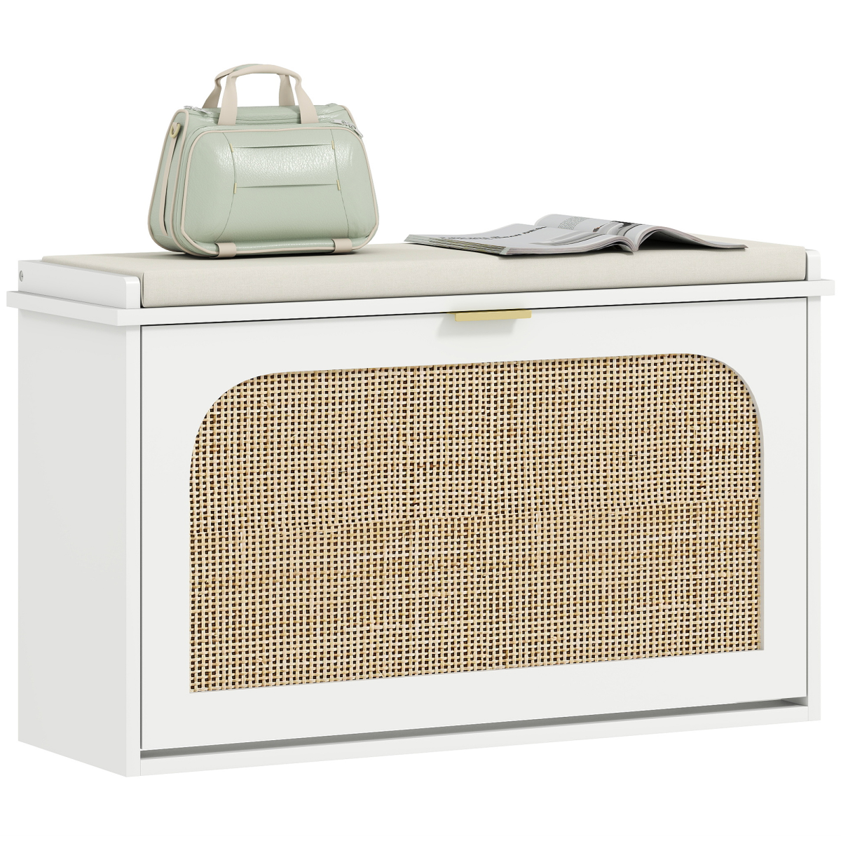 HOMCOM Boho Shoe Bench with Padded Seat and 1 or 2 Flip-Drawer, Light Green - White / 80W x 26D x 47.5H cm
