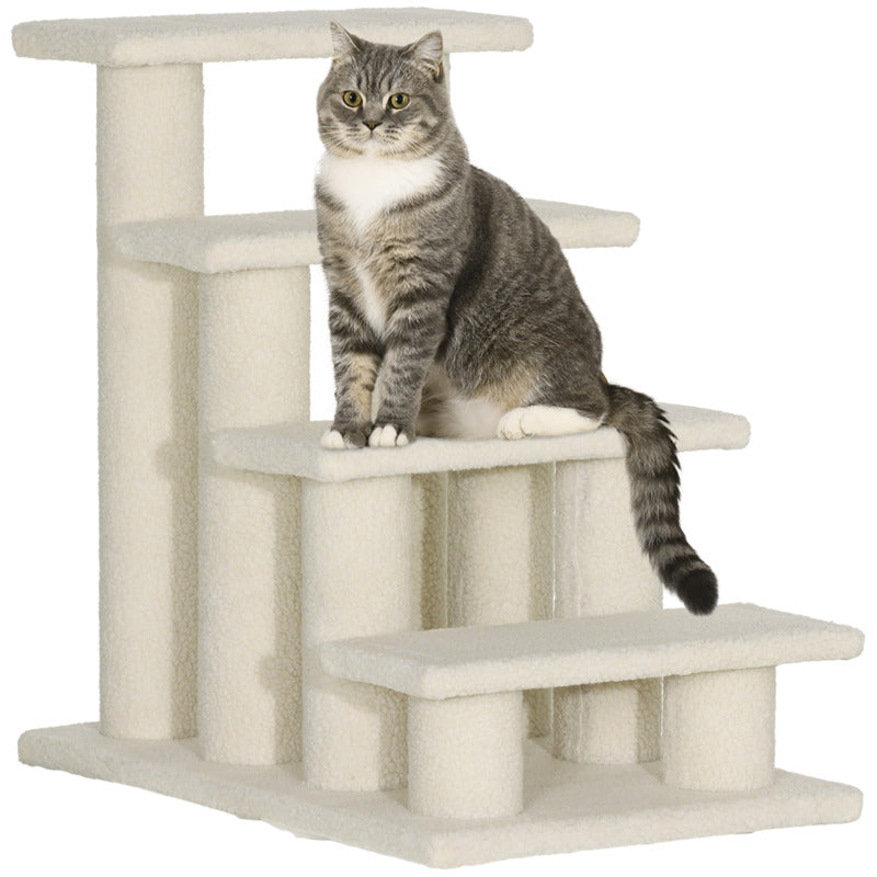 Pawhut 4-step Faux Fleece Cat Ramp With Scratching Posts - Brown