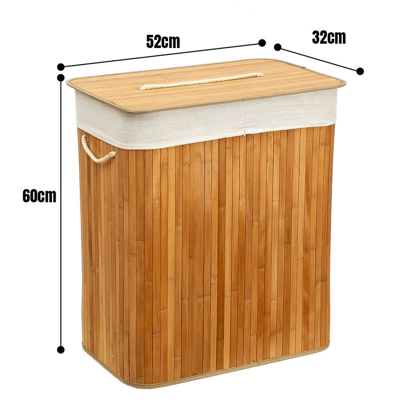 Natural Bamboo Laundry Basket With Divider - Rectangular - Generous Capacity
