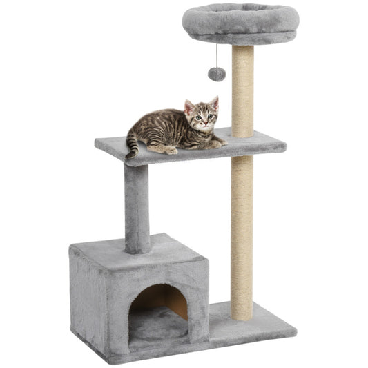 Pawhut Sisal Scratching Cat Tree Condo - Grey 60cm L X 33.5cm W X 96cm H