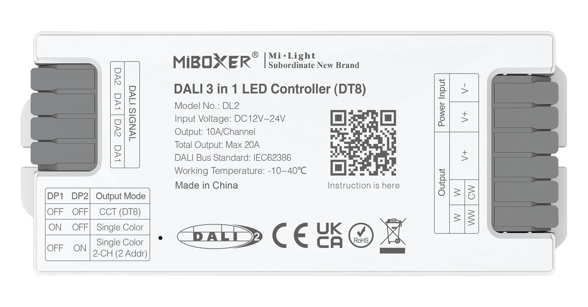 MiBoxer DL2 DALI 3-in-1 LED Controller DT8 – einfarbig & CCT, 12-24 V, 10 A/Kanal, max. 20 A