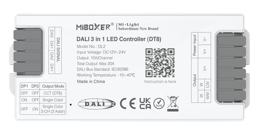 MiBoxer DL2 DALI 3-in-1 LED Controller DT8 – einfarbig & CCT, 12-24 V, 10 A/Kanal, max. 20 A