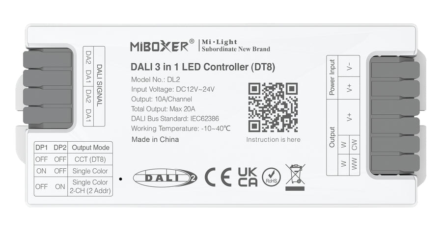 MiBoxer DL2 DALI 3-in-1 LED Controller DT8 – einfarbig & CCT, 12-24 V, 10 A/Kanal, max. 20 A