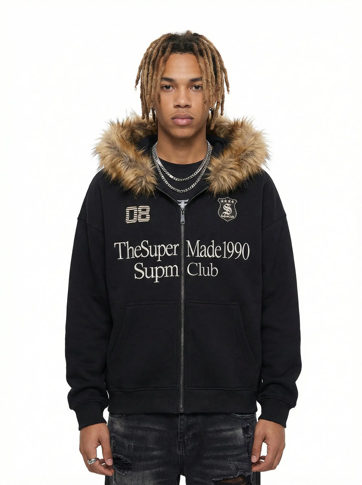 Letter Medal Embroidered Cardigan Fur Collar Zip Up Hoodie- 2502 - Black / S