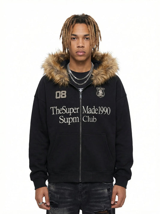 Letter Medal Embroidered Cardigan Fur Collar Zip Up Hoodie- 2502 - Black / S