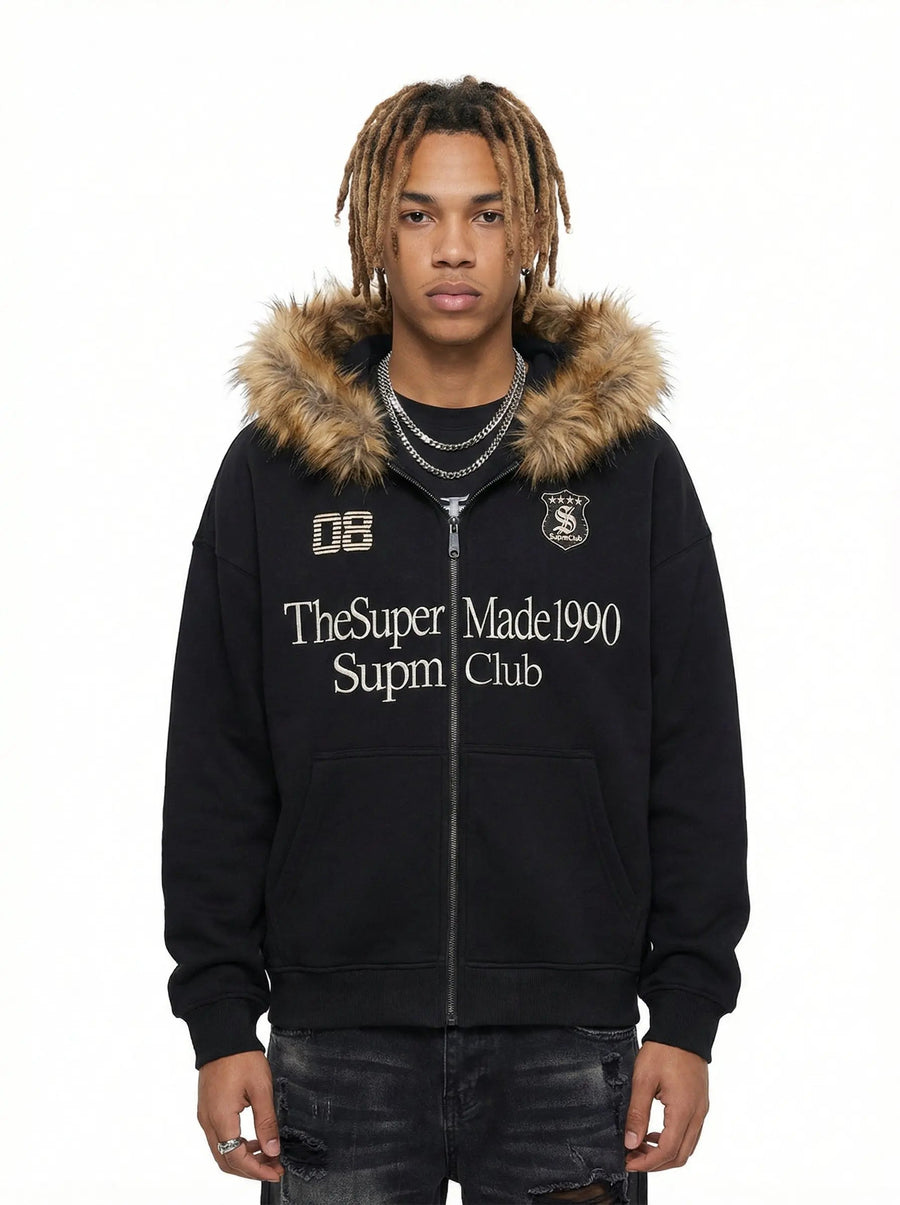 Letter Medal Embroidered Cardigan Fur Collar Zip Up Hoodie- 2502 - Black / S