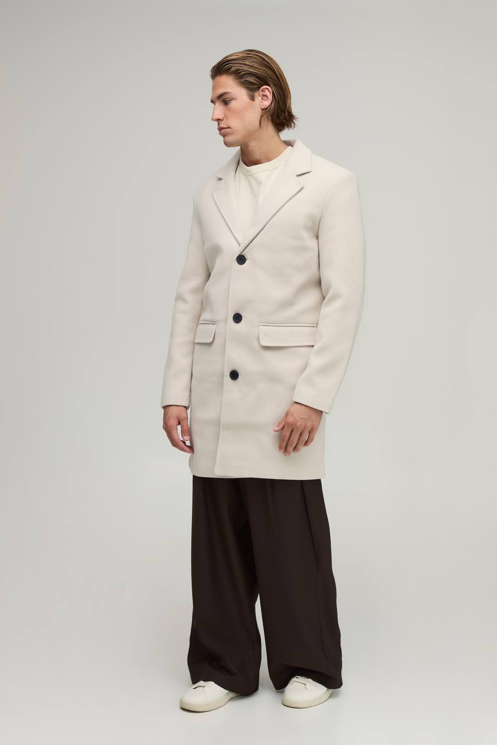 Single Breasted Wool Look Overcoat in Beige | Size Small