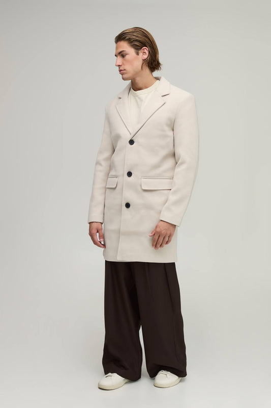 Single Breasted Wool Look Overcoat in Beige | Size Small