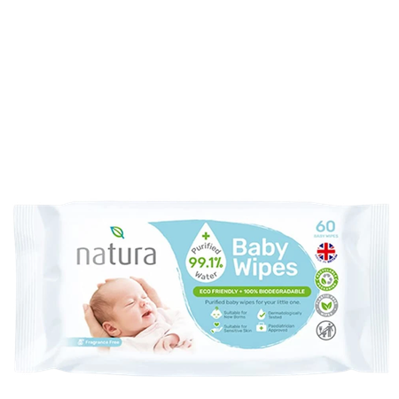 Natura Purified Water Biodegradable Fragrance Free Baby Wipes - 60 pcs