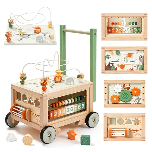 Baby Push Walker with Storage Bin, Wooden Deluxe 9-in-1 Pusher for Toddlers