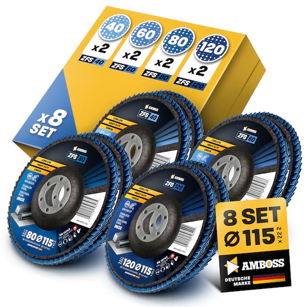 Amboss Fächerschleifscheibe Set Ø 115 (8 Stck.) Korn 40-120