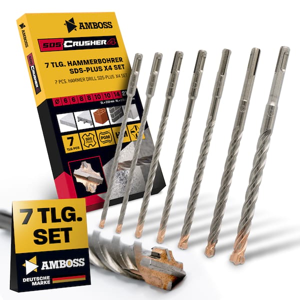 SDS+ Hammerbohrer Set 7tlg. 4X Schneiden PGM Ø 6-14mm x 210mm - AMBOSS Werkzeuge SDS Crusher 4 - HM Betonbohrer Hartmetall Profi Bohrer - Stahlbeton S