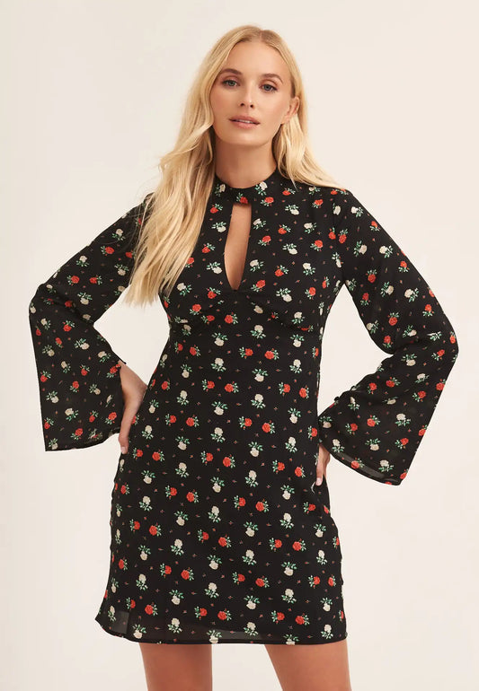 Black Rose Print Flared Sleeve Mini Dress - Black / UK 8 / US 4 / EU 36