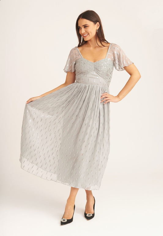Silver Jacquard Metallic Angel Sleeves Midi Dress