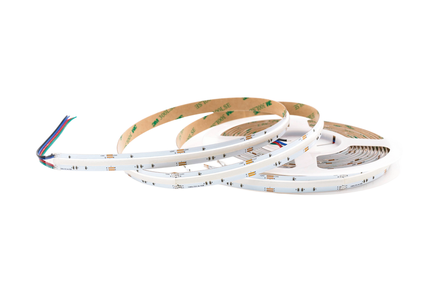 COB RGB LED Streifen 12 mm – 1080 LEDs/m, 24V, 14 W/m, 5m – punktfrei, 180° Abstrahlwinkel, IP65, wasserfest