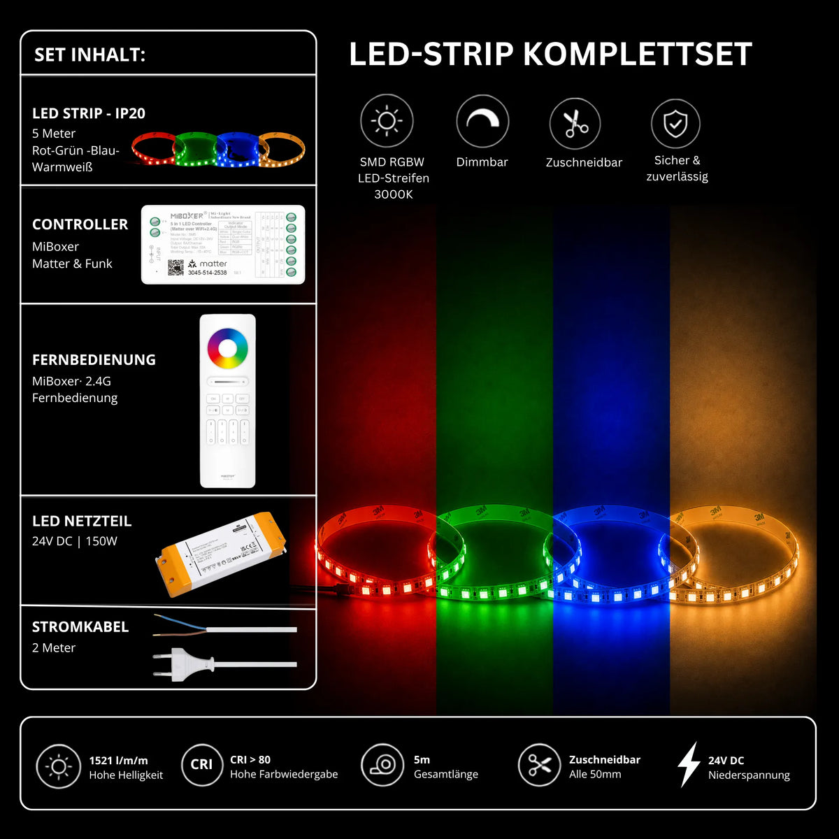 LED Streifen Set RGBW – SMD LED Streifen 24V, 4-in-1, 19,2 W/m, 5m, RGB + Warmweiß 3000K – SS150 Netzteil, SM5 Matter Controller & C5 Fernbedienun