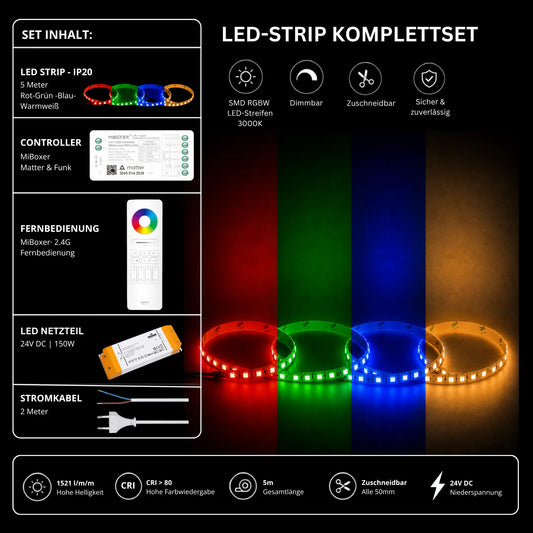 LED Streifen Set RGBW – SMD LED Streifen 24V, 4-in-1, 19,2 W/m, 5m, RGB + Warmweiß 3000K – SS150 Netzteil, SM5 Matter Controller & C5 Fernbedienun