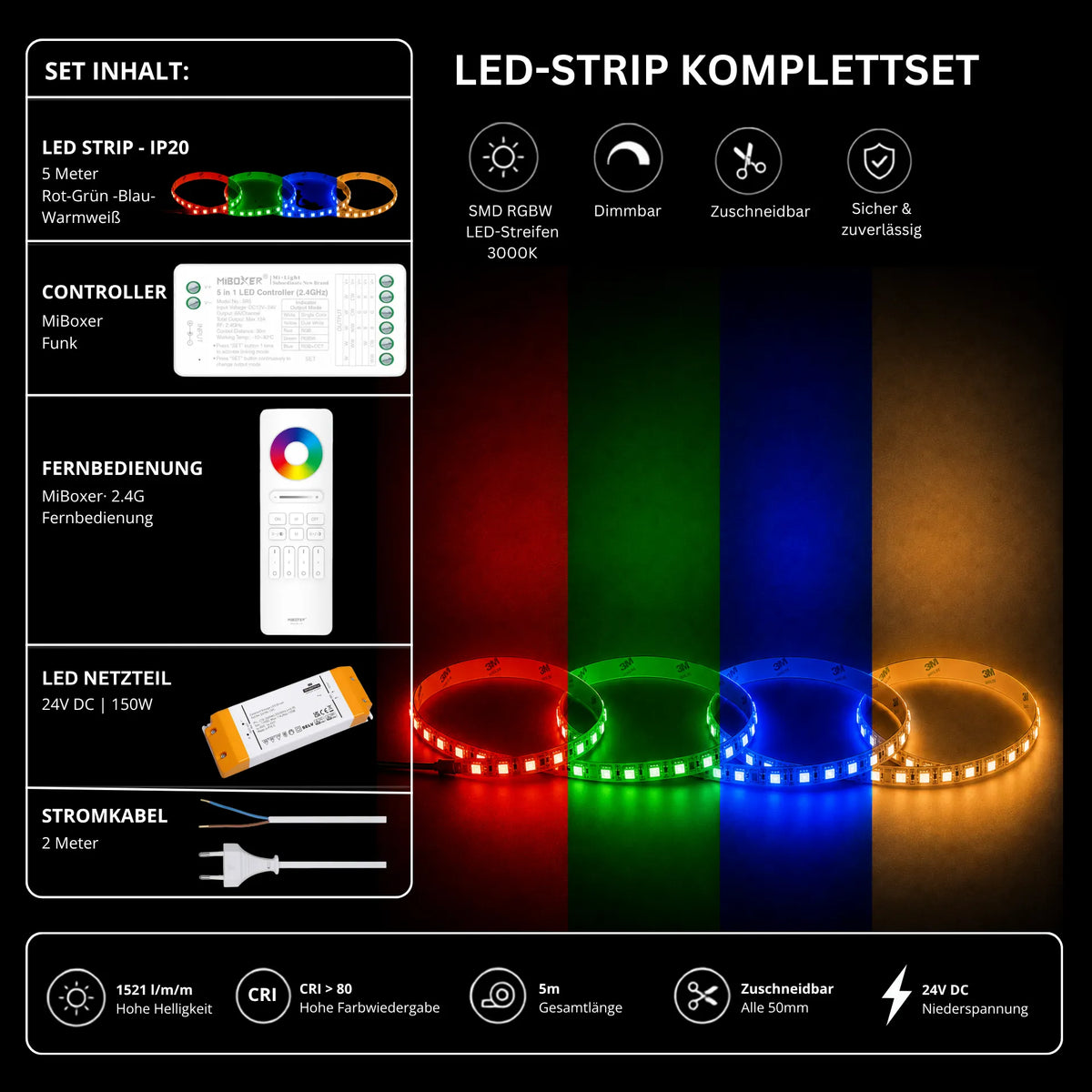 LED Streifen Set RGBW – SMD LED Streifen 24V, 4-in-1, 19,2 W/m, 5m, RGB + Warmweiß 3000K – SS150 Netzteil, SR5 Funk-Controller & C5 Fernbedienung 