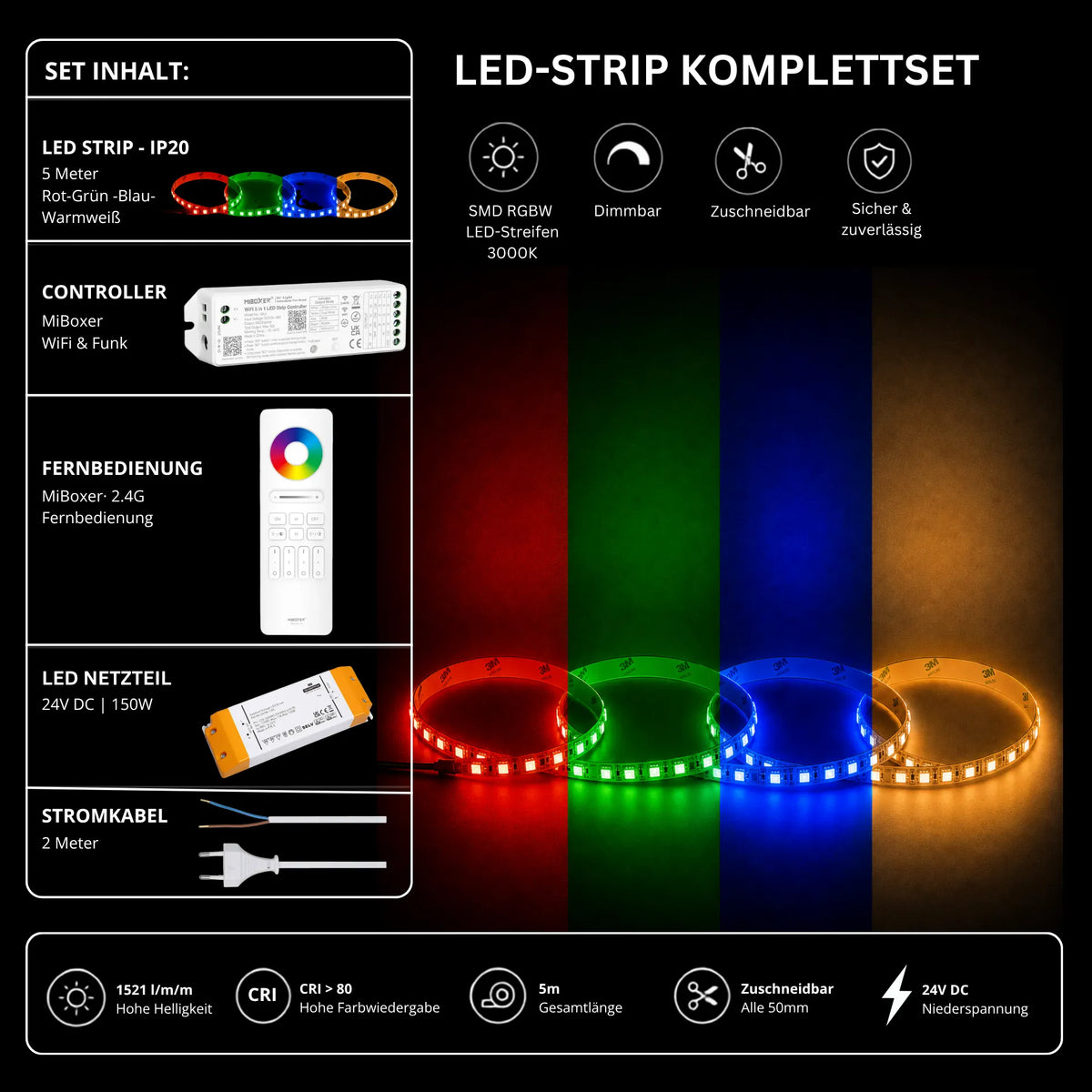 LED Streifen Set RGBW – SMD LED Streifen 24V, 4-in-1, 19,2 W/m, 5m, RGB + Warmweiß 3000K – SS150 Netzteil, WL5 WiFi Controller & C5 Fernbedienung 